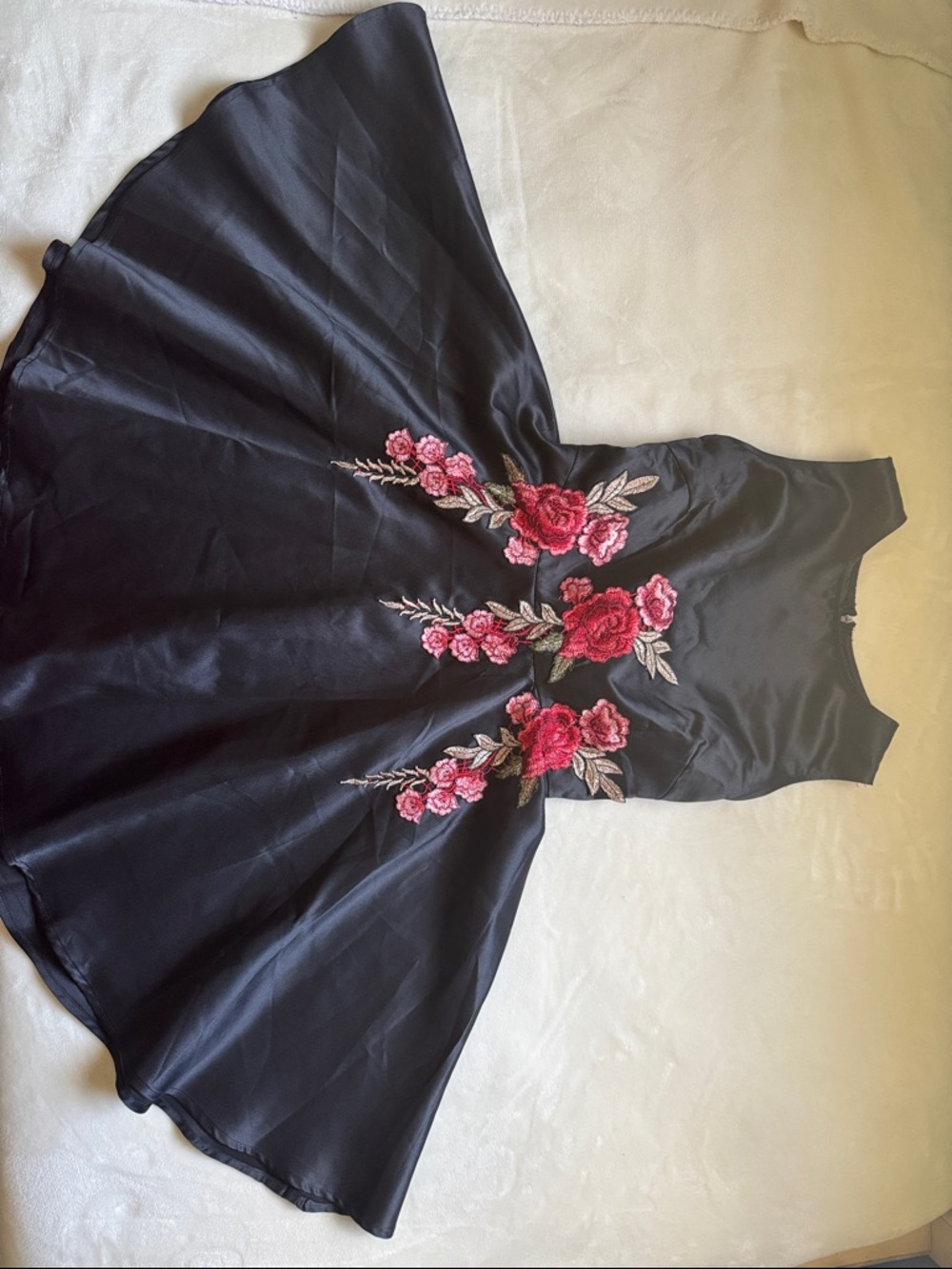 Silk Black Fit-and-Flare Dress with Red Floral Embroidery